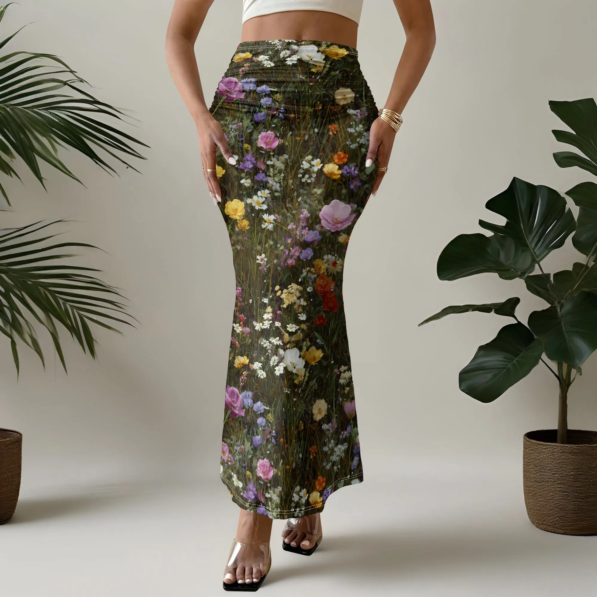 Floral Print Mermaid Skirt, Vintage Flower Pattern, Boho High Waist Design, Summer Beach Party Wear, S-2XL
