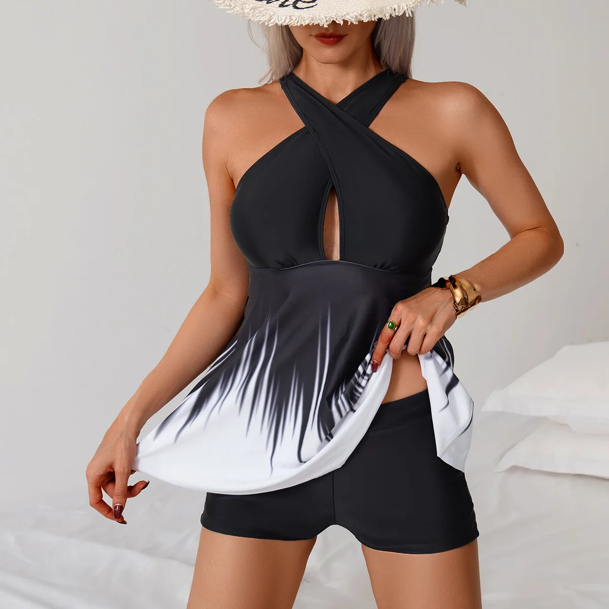 2026 Women's Gradient Print Boyleg Tankini Set Push Up Tummy Control High Waist Ruched Two Piece Swimwear Beach Vacation Outfits