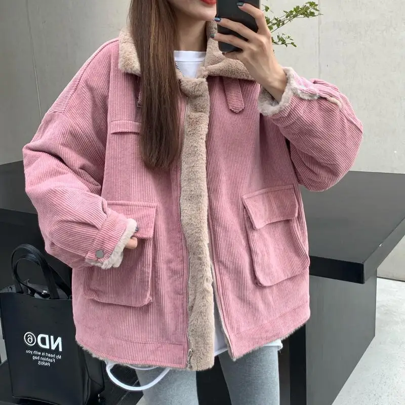 

2025 Cotton Jacket Women's Winter New Loose Lambhair Coat Collar Workwear Thickened Top