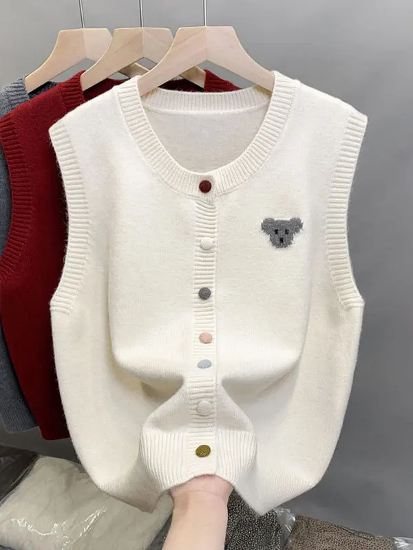 Spring Autumn Korean Style Knitted Vest Women's Sleeveless Button up Layering Top Medium Warmth round Neck Regular Length
