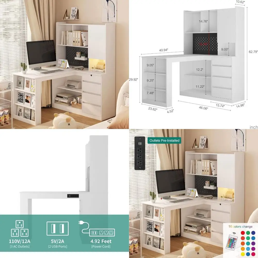 

Современный угловой стол для домашнего офиса со светодиодной подсветкой, ящиками, ящиками и книжной полкой для учебы и игр