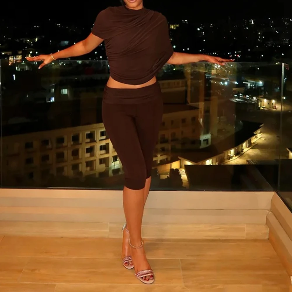 

Women Fashion Ruched Mesh Patchwork Solid 2 Piece Set O Neck Irregular Short Sleeve T-shirts Crop Tops + Calf-length Pants Suits