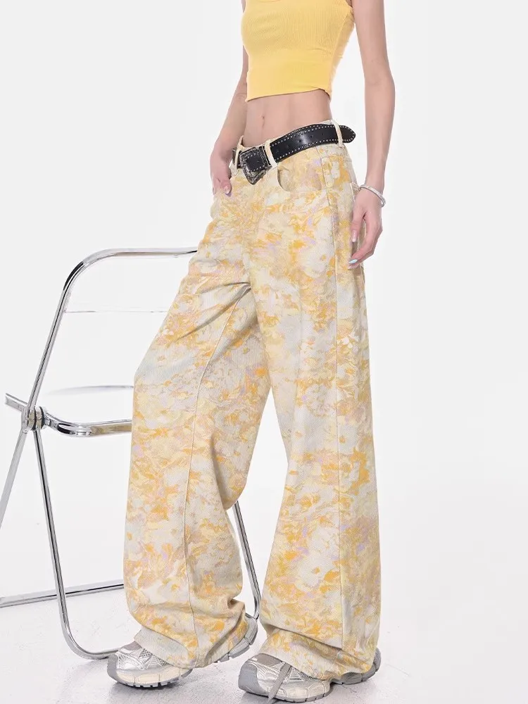 Vintage Floral Print Hohe Taille High Street Gerade Jeans Hosen Koreanische Mode frauen Breite Bein Baggy Denim Hosen Y2K