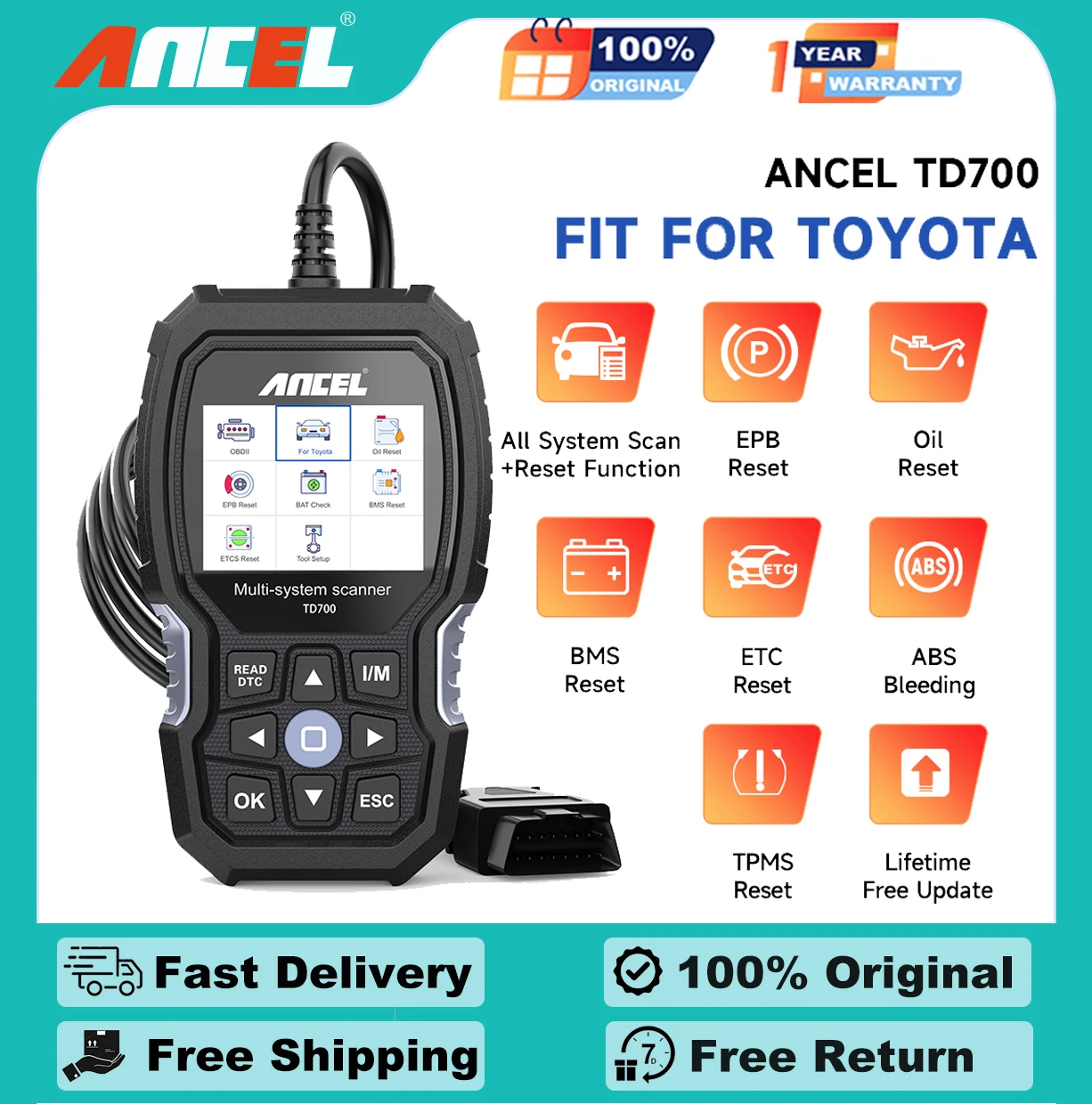 

ANCEL TD700 OBD2 Auotmotive Scanner Diagnostic Tools All System Code Reader ABS EPB SAS TPMS Reset Free Update For Toyota Lexus