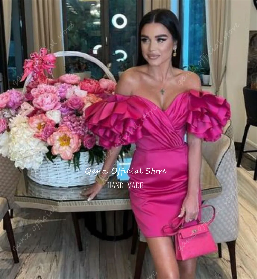 Qanz Fuchsia Modest Cocktail Dresses Short Off  Shoulder Pageant Dresses Women Mermaid Mini Vestidos De Graduación Customized