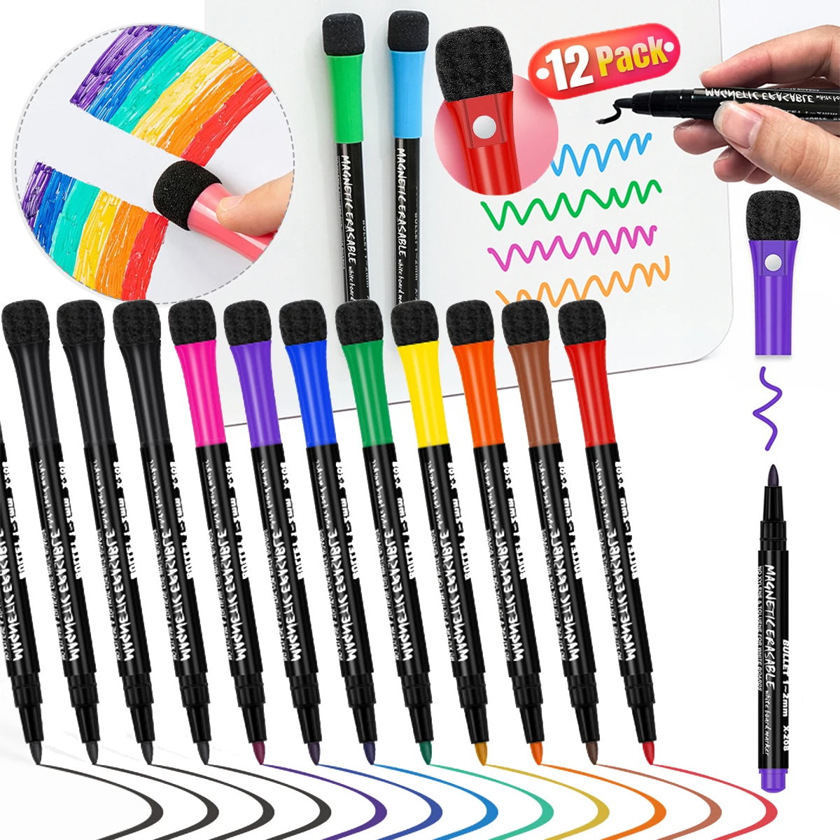 

12 Color Set Broadable White Blackboard Markers Fine Point with Eraser Cap for Teachers Home Office and School Supplies