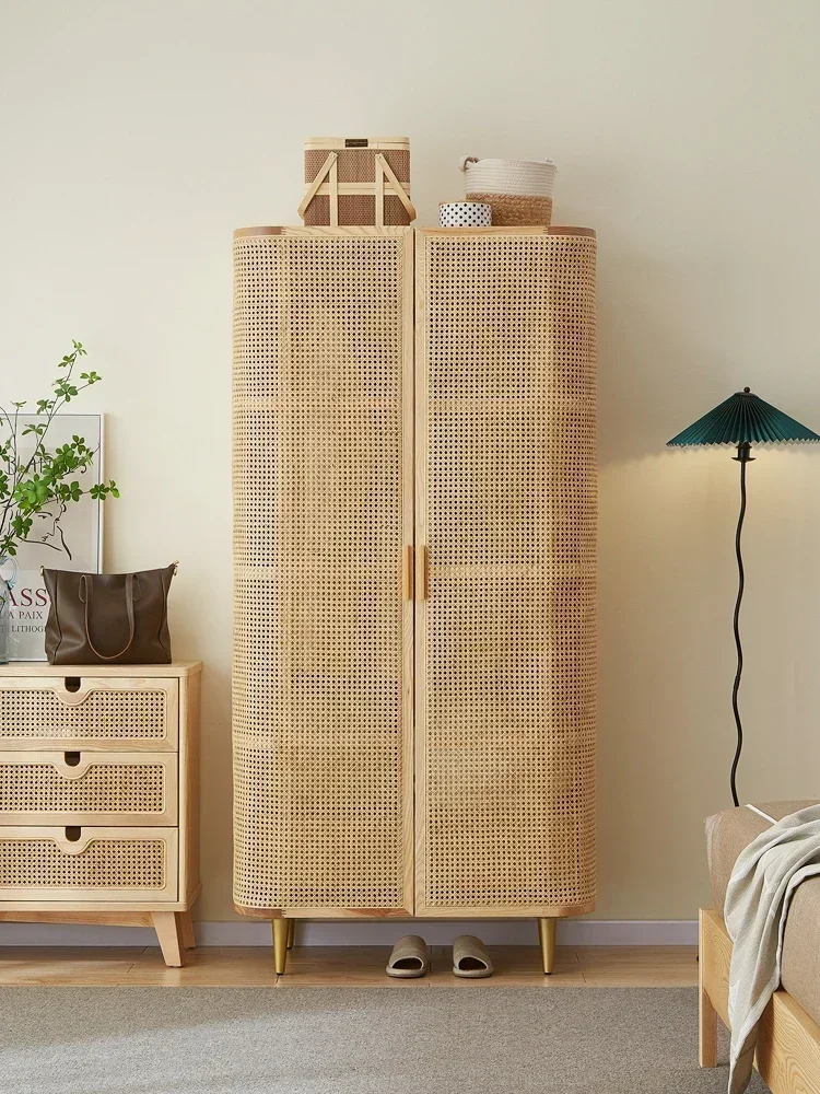 

Rattan Two-door Solid Wood Wardrobe Bedroom Home Online Celebrity Mobile Wooden Two-door Small Apartment