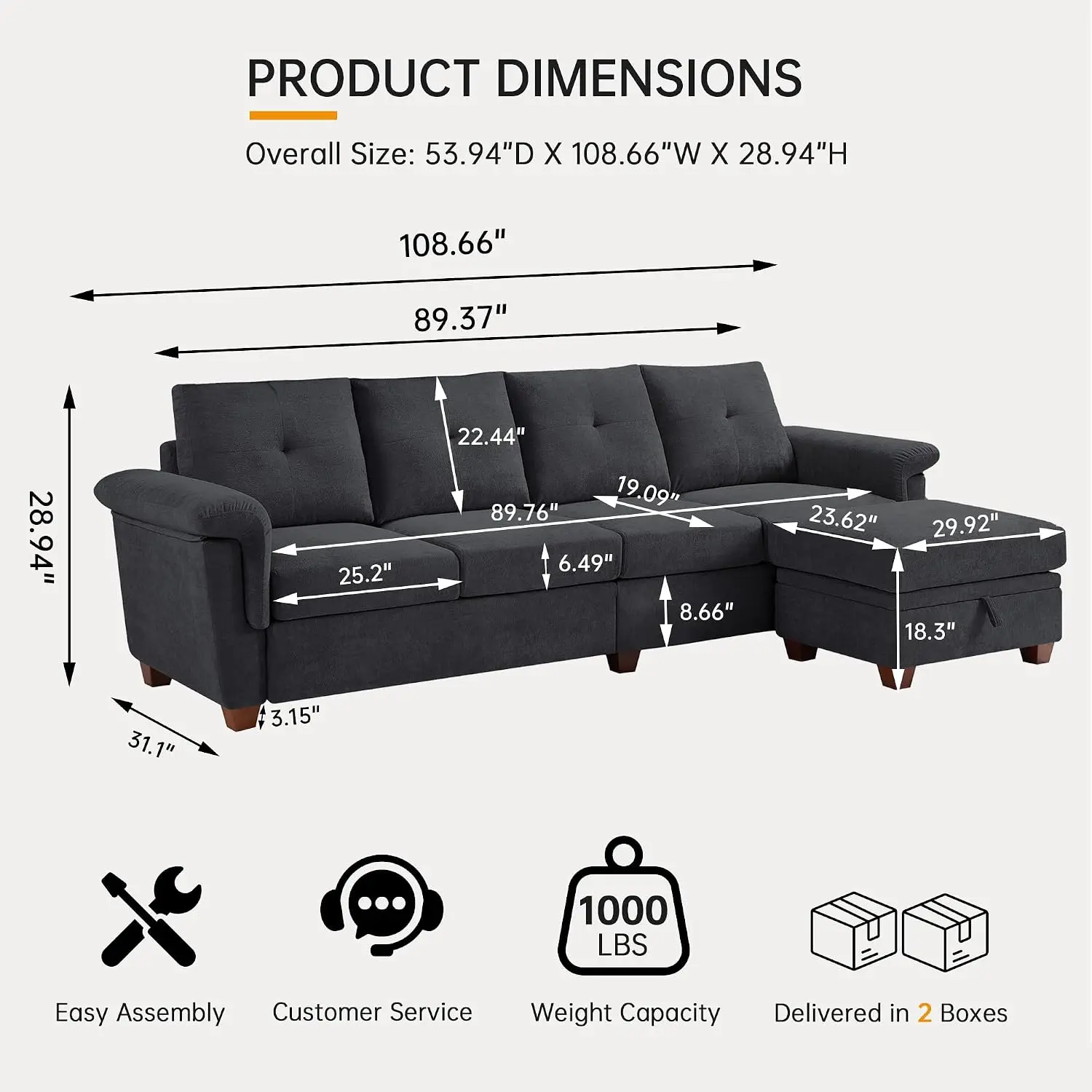 108'' Convertible Sectional Sofa with Storage, High Back & Cup Holder, Microfiber Fabric for Living Room, Dark Grey, Customized