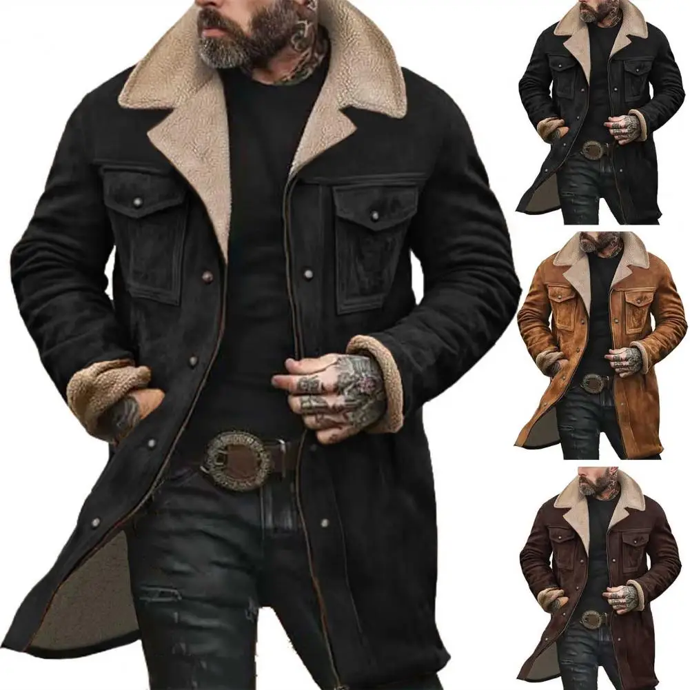 Men Wool Coat Stylish Men's Woolen Coat with Lapel Mid-length Windproof Jacket Multi Pockets Outerwear for Autumn Winter Fashion