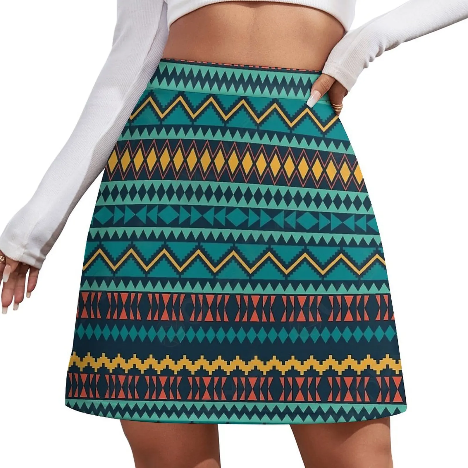 Retro Aztec Art Pattern Skirt Female  Elegant Mini Skirts High Waist Pattern Street Wear Casual Skirt Big Size