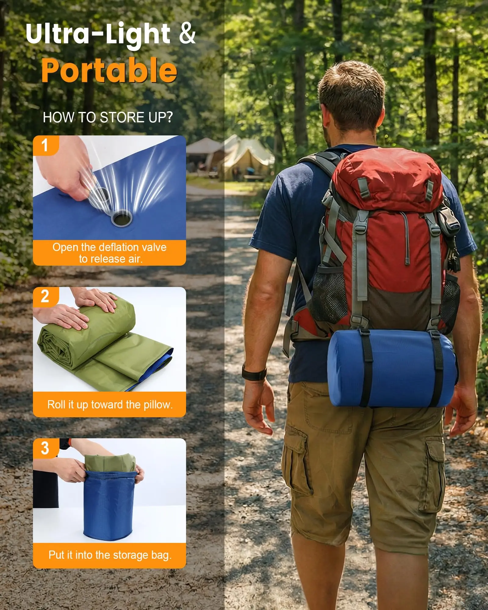 Thick Inflatable Camping Sleeping Pad with Built-in Pillow & Foot Pump, Portable Lightweight Waterproof Air Mattress, Foldable O view 2