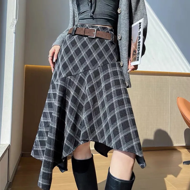 New Vintage Fashion Plaid Irregular Skirt Women Autumn Winter Woolen Slim High Waist Big Swing Casual Skirts