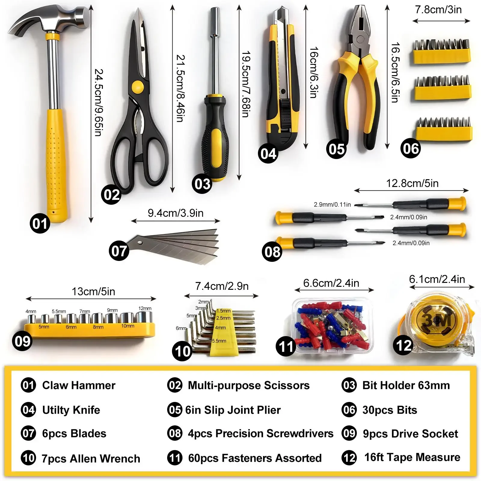 122Pcs Household Hand Tool Set with Storage Case General Home Repair Kit Precision Screwdriver Hammer Pliers Hex Wrench Utility Knife Scissors Tape Measure Hardware Gadgets for DIY Maintenance Garage Workshop