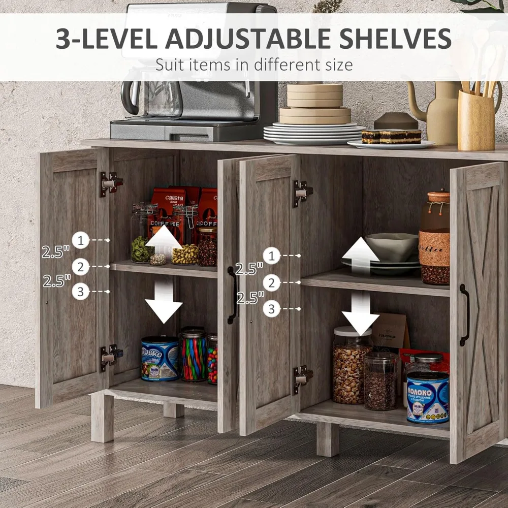 

Sideboard, 47 Inches, with 4 Barn Doors and 2 Adjustable Shelves, Farmhouse-style Coffee Bar Cabinet