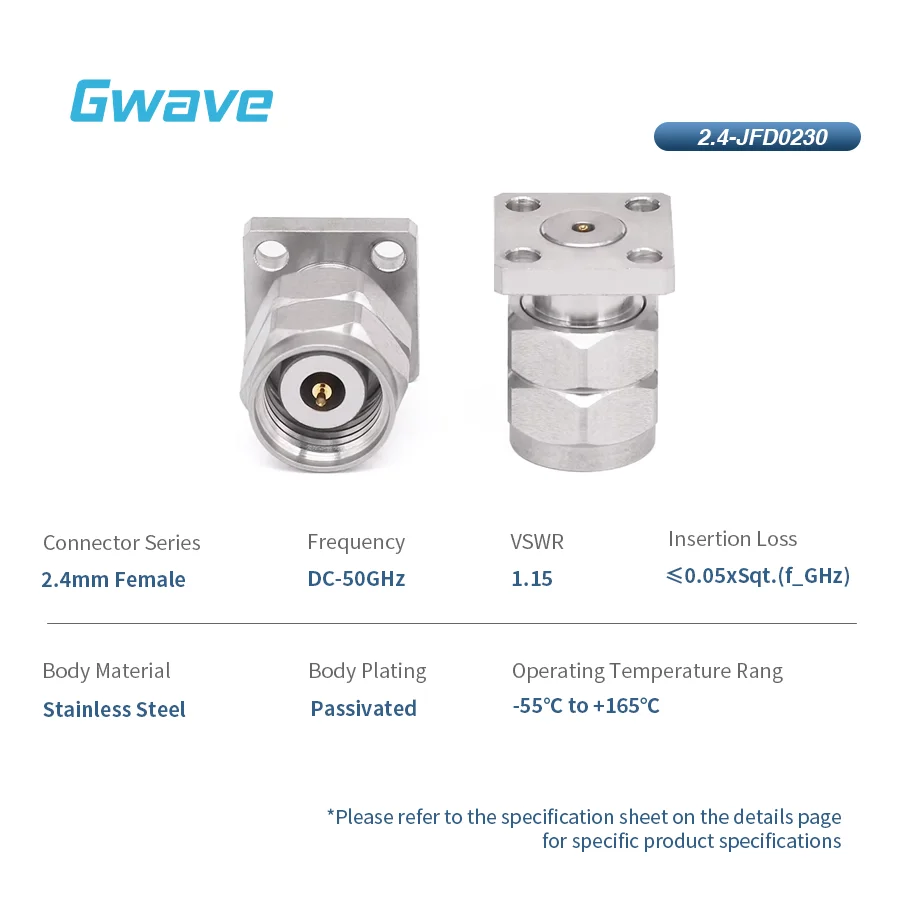 2.4mm Male Field Replaceable RF Connector with 4-Hole Flange 0.30mm Pin Diameter DC-50GHz for PCB & RF Applications