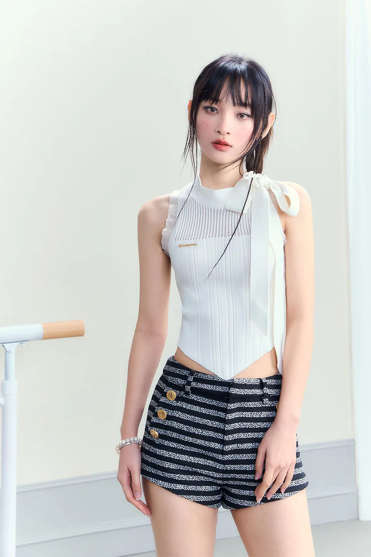 Women Hotsweet Solid Color Sleeveless Tanks Knit Tops 2023 Summer Bow Lace Up Crop Top Design Crewneck Knitwear Vest Y2K Female