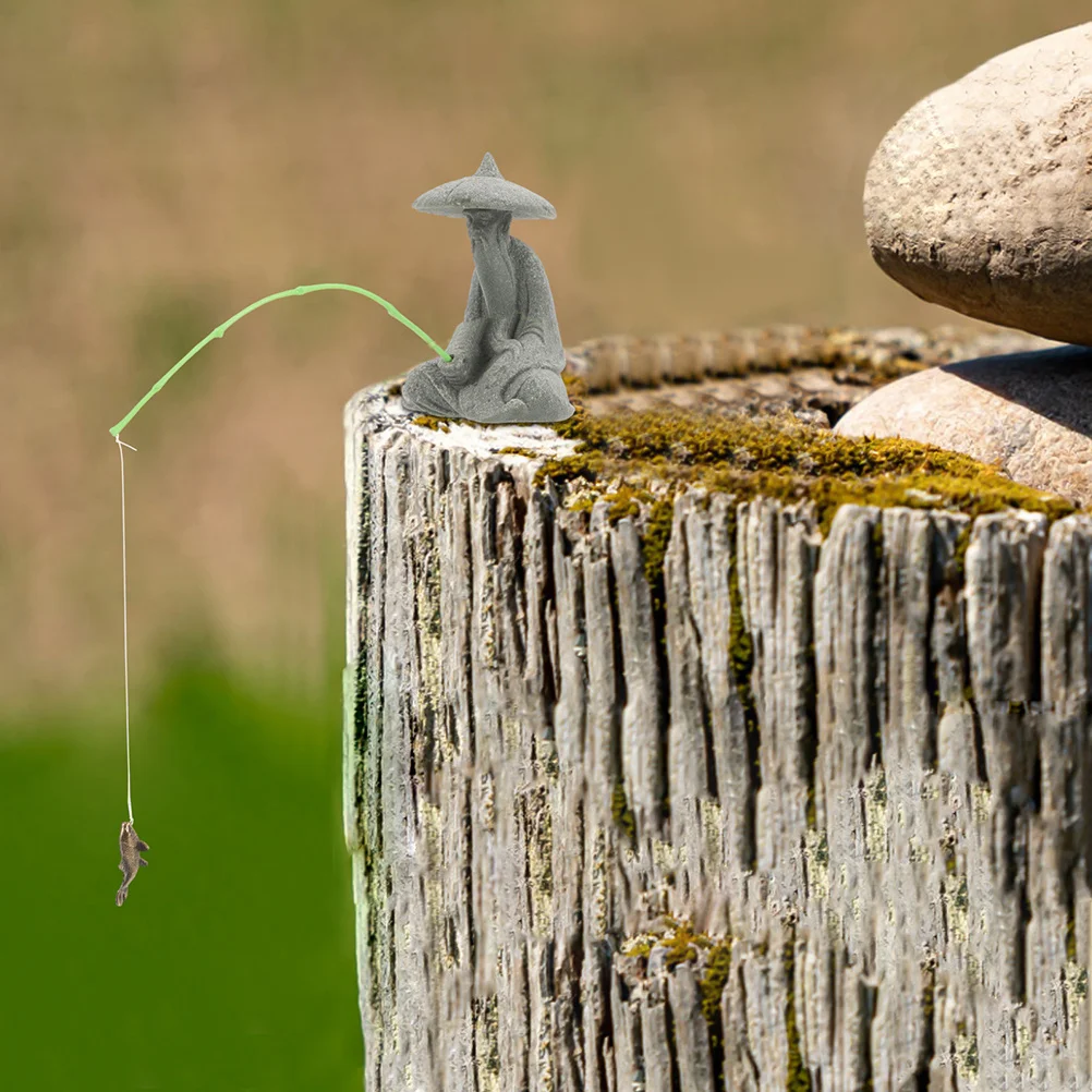 

Lifelike Resin Fisherman Sculpture Small Zen Aquarium Decor Sitting Fishing Man Statuette for Bonsai Sandstone Garden Home Decor