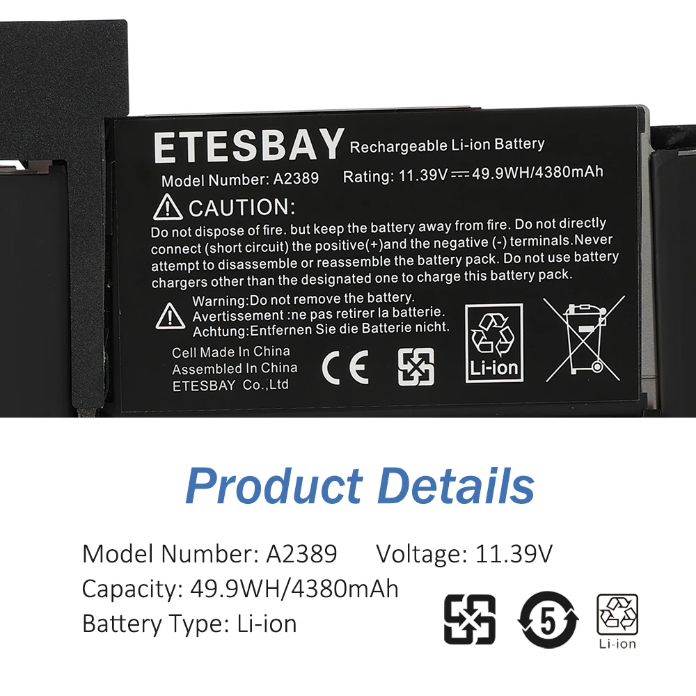 ETESBAY 맥북 에어용 노트북 배터리, 13 인치 A2337 M1 2020 EMC 3598 MGN53LL/A MGN83LL/A MGN63LL/A MGN93LL/A MGND3LL/A A2389