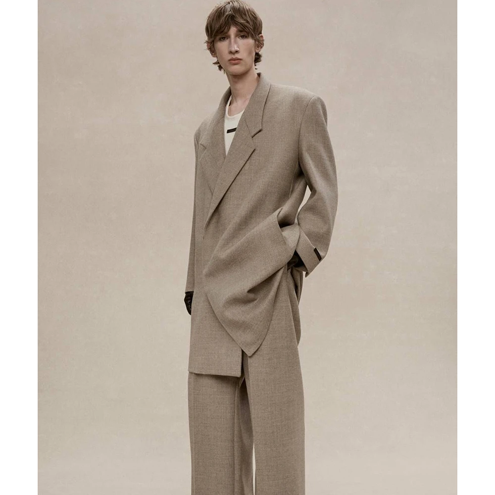 

Beige Oversized Men's Blazer Suits 2 Piece Jacket Pant Set Relaxed Tailoring Premium Textured Fabric Daily Date Male Clothing