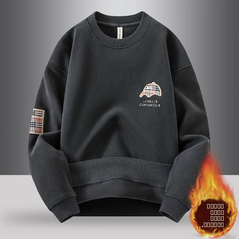 

Утепленная флисовая толстовка мужская повседневная свободная теплая с круглым вырезом, осенне-зимняя молодежная модная брендовая одежда с декоративными элементами