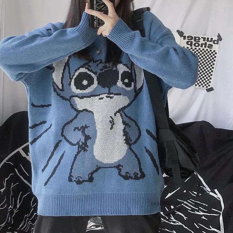 Disney Stitch Autumn Winter Cartoon Round Neck Sweater Women Harajuku Korean Style Knitwear Sweet Y2k Girl Loose Casual Sweater