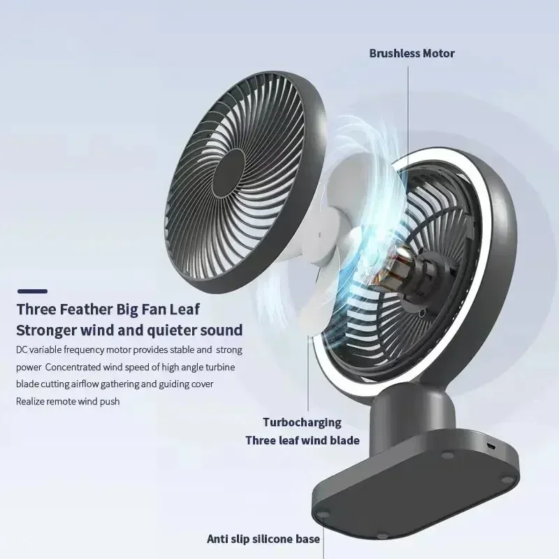 พัดลมไร้สายแบบพกพาพร้อมไฟกลางคืน 120 °   การหมุนที่เงียบสงบพัดลมไฟฟ้าขนาดเล็กพัดลมแบบชาร์จไฟ USB สําหรับเดสก์ท็อปโฮมออฟฟิศ