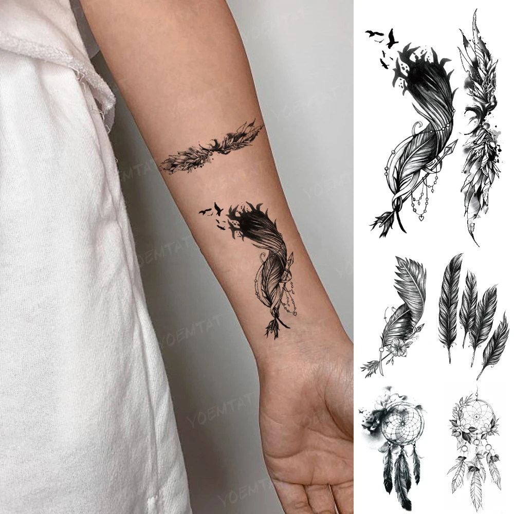 Water Transfer Temporary Tattoo Sticker Men Women Black Feather Wings Dream Net Cool Flash Tatoo Body Art Wrist Ankle Fake Tatto