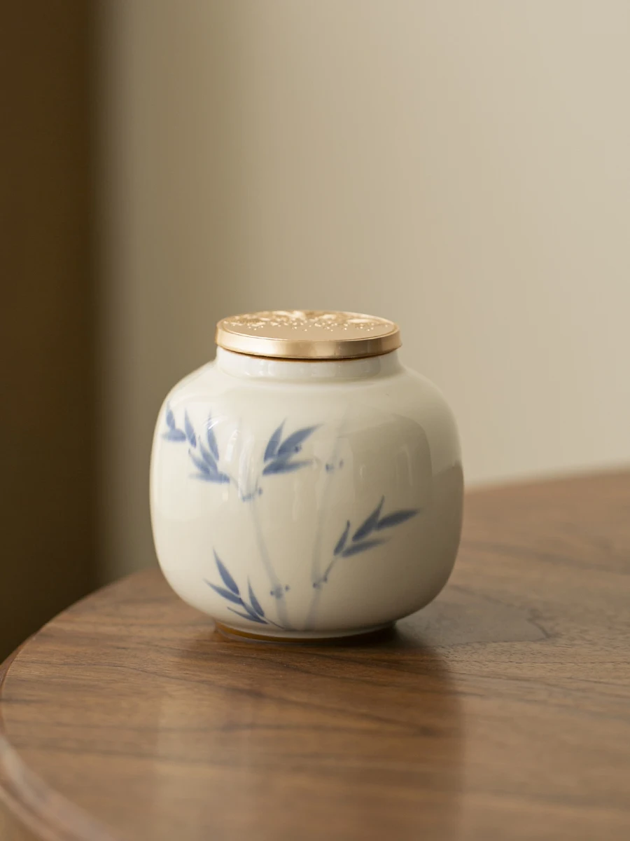 190ml Hand Drawn Bamboo persimmon Tea Jar Zen Ceramic Sealed Tea Can Boutique Storage Tank Containers Retro Tea Caddy Teaware De