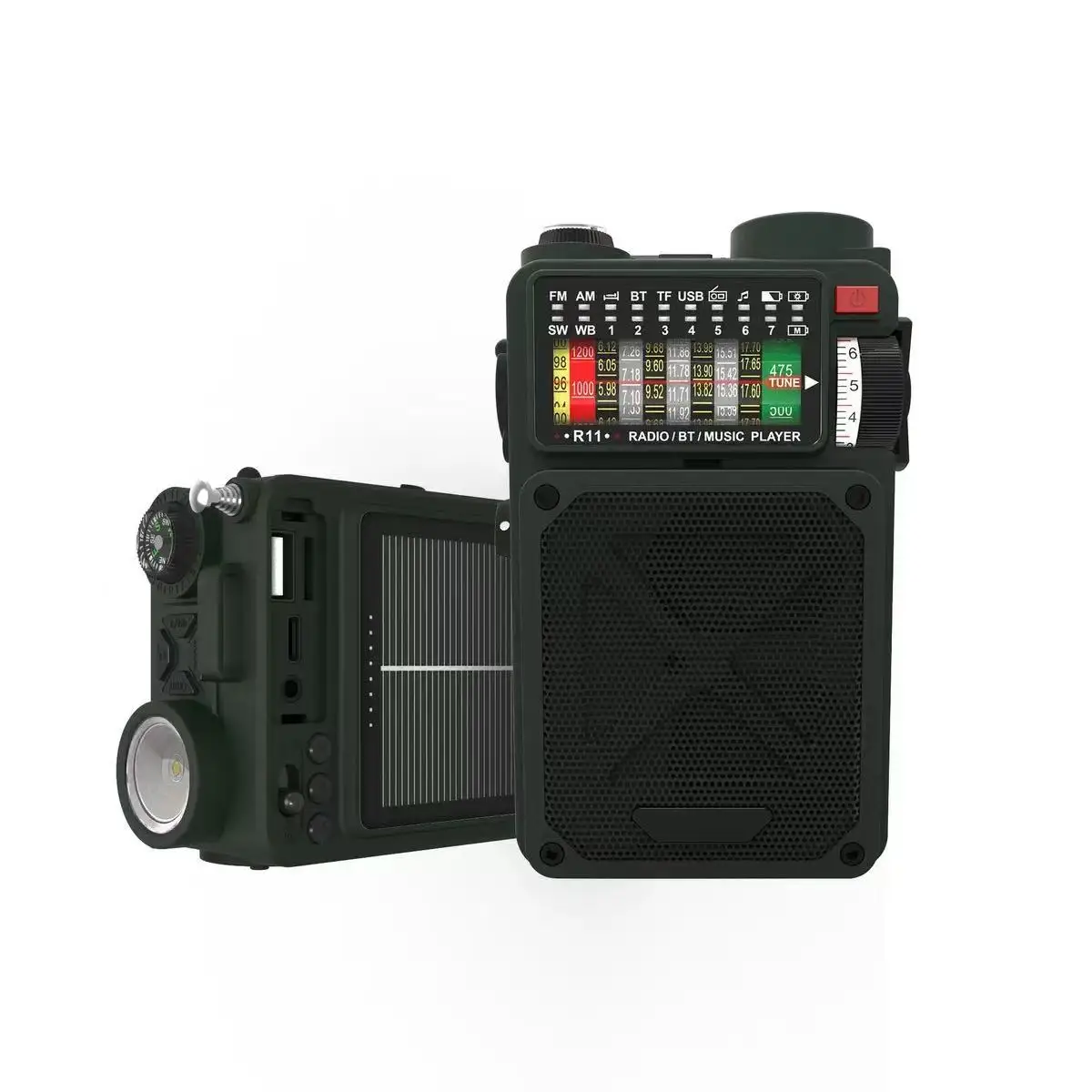

R11 Многофункциональное аварийное радио BT 5.0 Динамик AM/FM/SW/WB Полнодиапазонное радио с солнечной рукояткой Динамо TF-карта Воспроизведение через USB