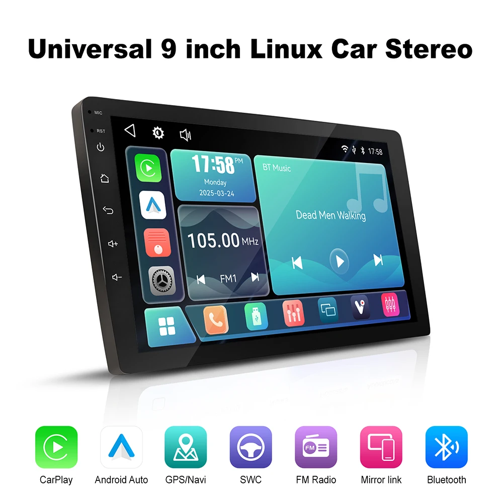 Universal 9/10 Inch Car Stereo Linux System Wireless Wired CarPlay Android Auto Head Unit 1280x720 IPS Touchscreen AHD Rear View