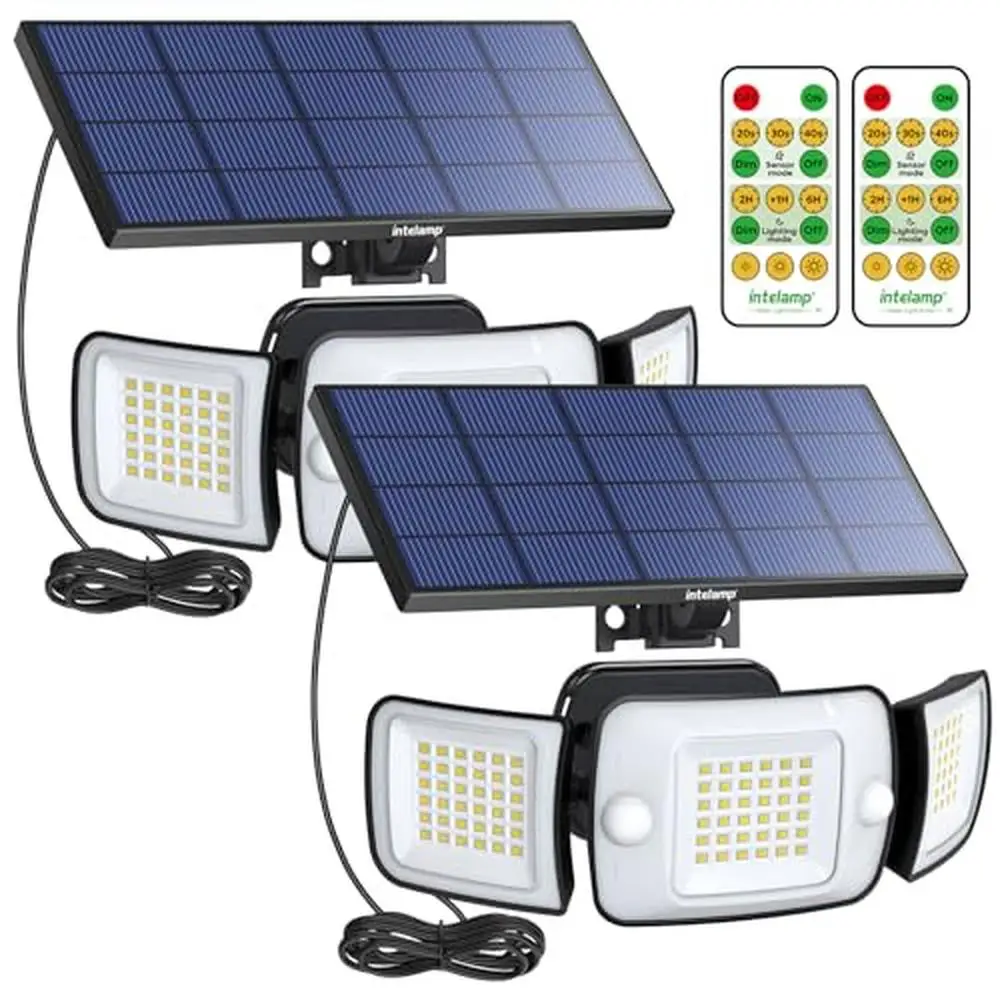 Solar Motion Sensor Light Outdoor Remote Control 1200LM 270°Wide Angle Solar Flood Lights 6000mAh 4 Modes Intelamp Smart Solar