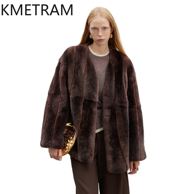 KMETRAM Real Rex Rabbit Fur Coat 2026 American Retro Style Real Fur Coat Mid-length Winter Jacket Women Overcoat Casaco Feminino