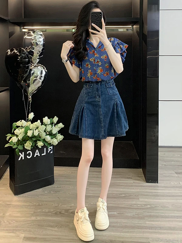 Hong Kong Style Retro Fashion Set for Women Summer 2026 Sweet Anti-Aging Short Sleeve Denim  Skirt Two-Piece Suit