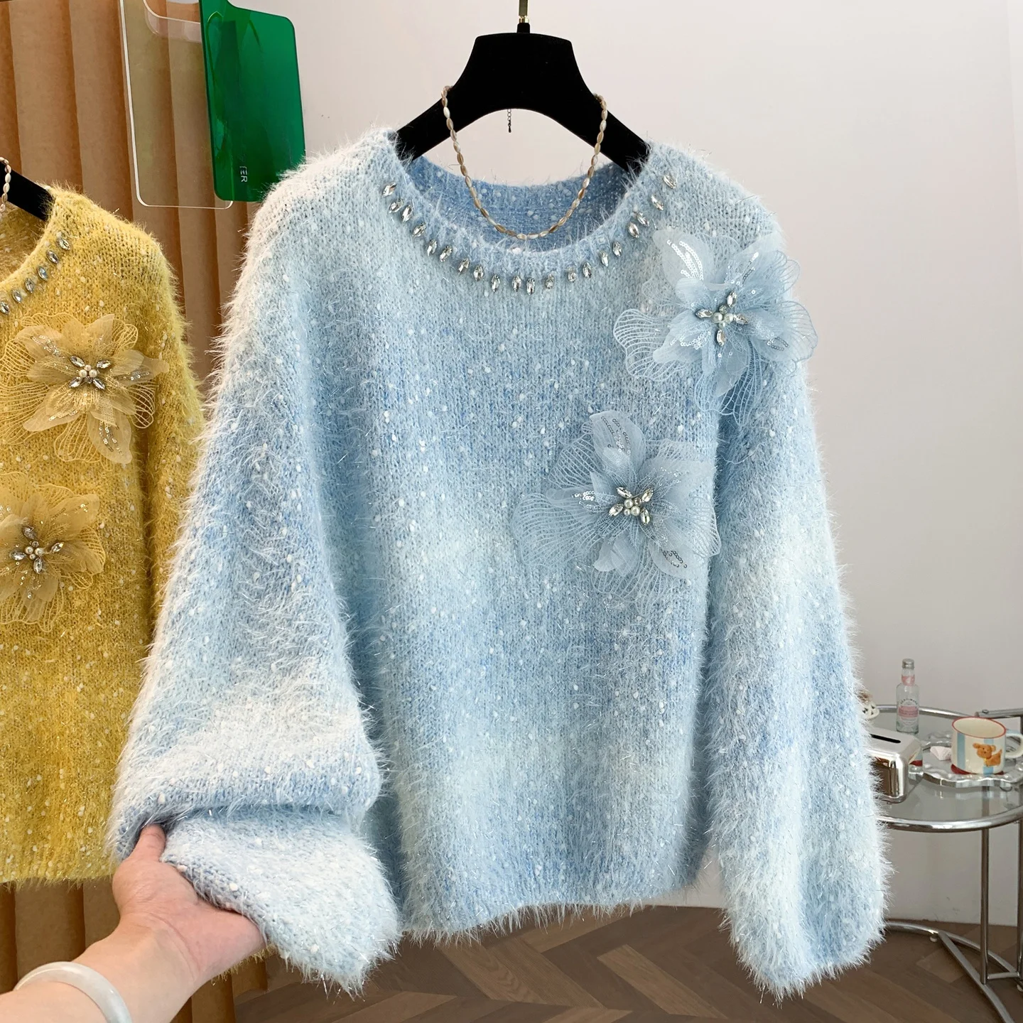 Soft Cozy Autumn Winter Women's Knitted Sweater  Beautiful 3D Flower Embroidery Casual Style Long Sleeve Top