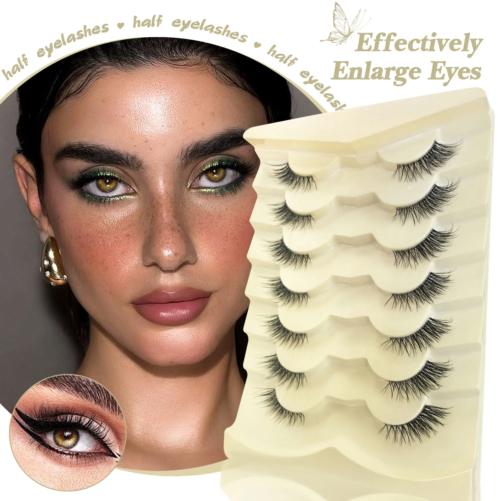 7 paar 3D halve wimpers, transparante band, langwerpige buitenhoeken, zacht en natuurlijk, geschikt voor dagelijks gebruik.