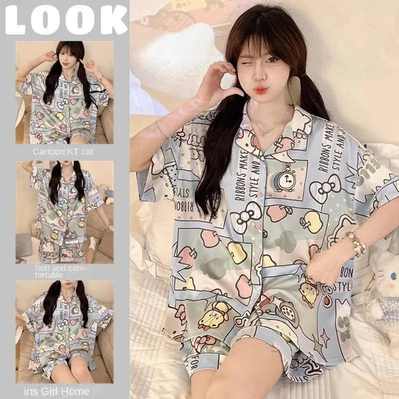 Hello Kitty Apple Ice Silk Silky Short-sleeved Pajamas Set Shorts Suit Home Dress Cute Kawaii Loungewear Cool Summer Sleepwear