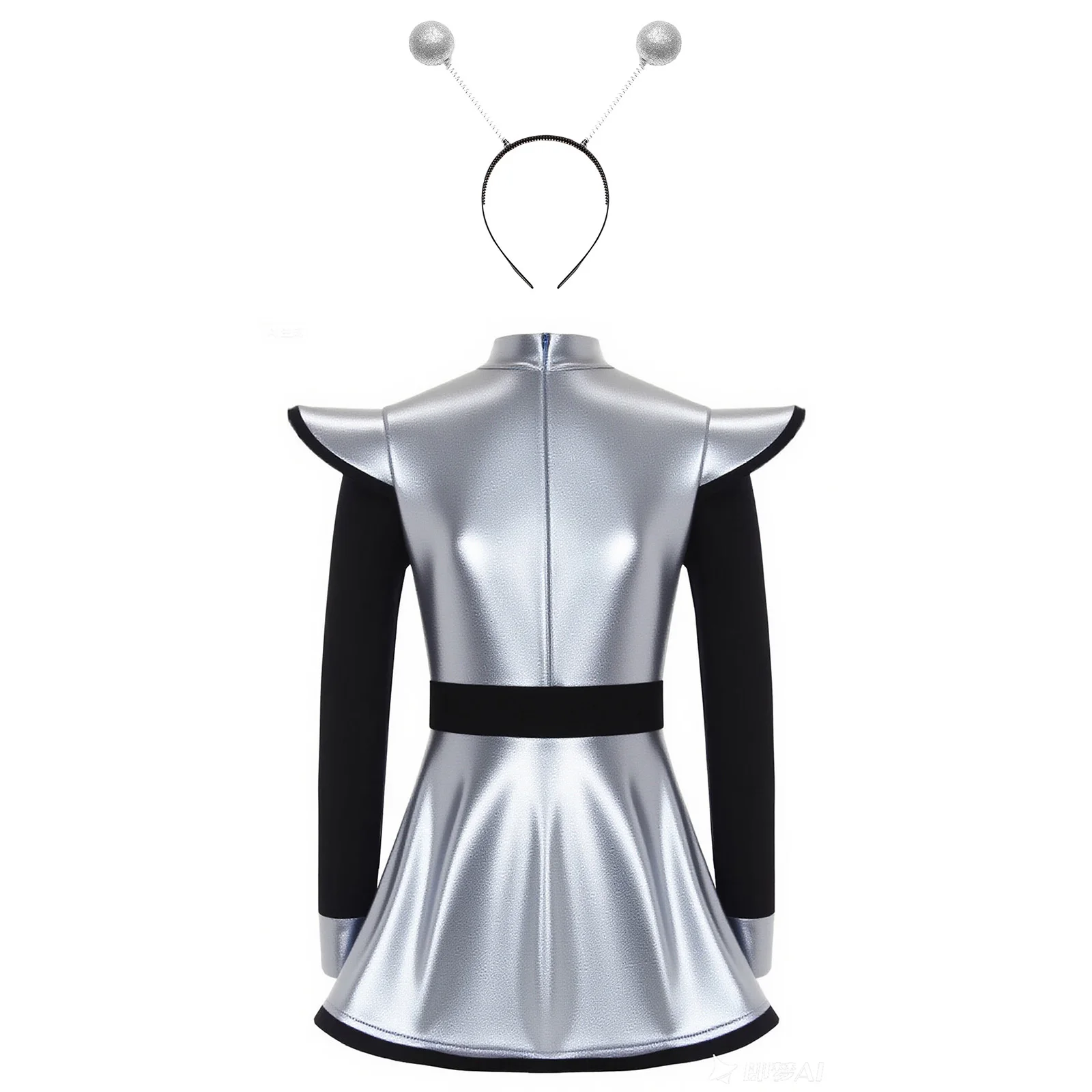 Children Girls Halloween Carnival Party Alien Space Cadet Robot Astronaut Cosplay Costume Metallic Shiny Zipper Leotard Dress