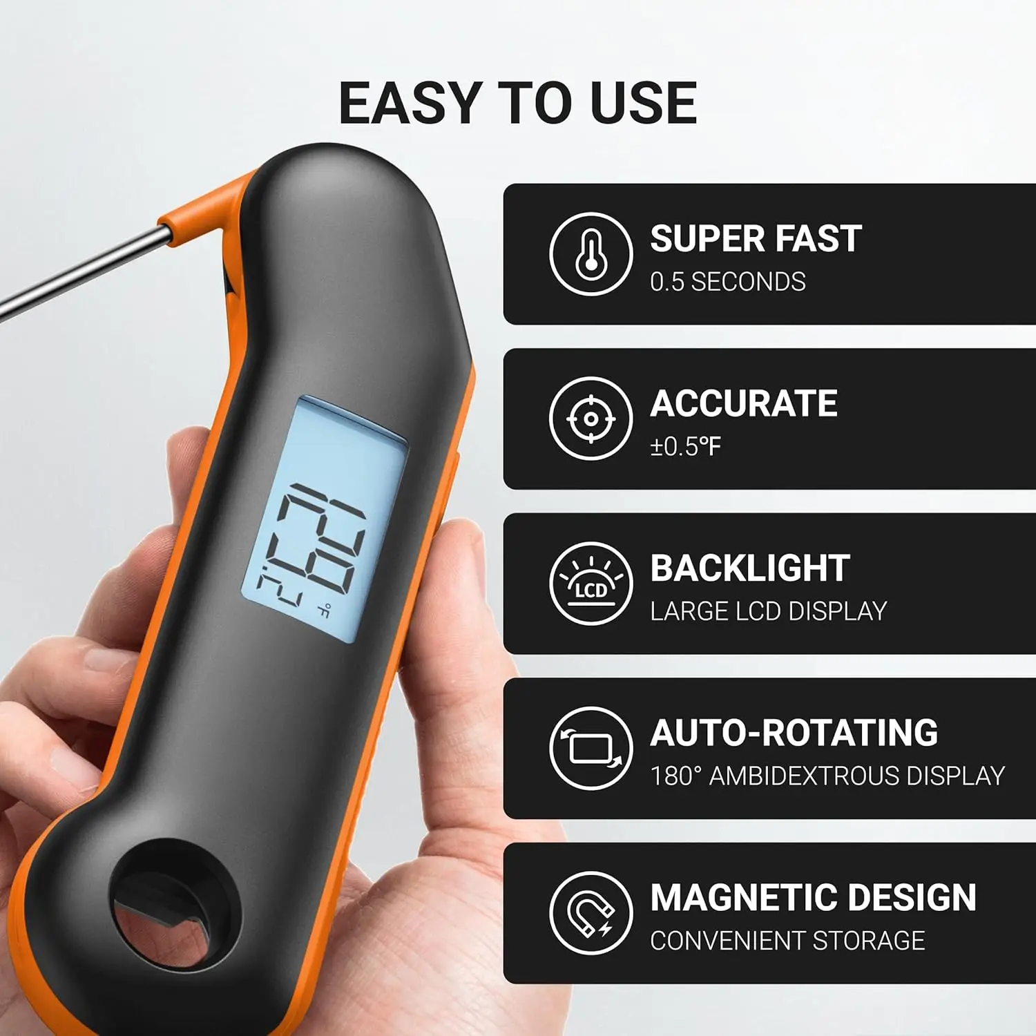 Instant Read Meat Thermometer, 0.5 Sec Accuracy, IP67 Waterproof, Backlit Display for BBQ Grill Cooking