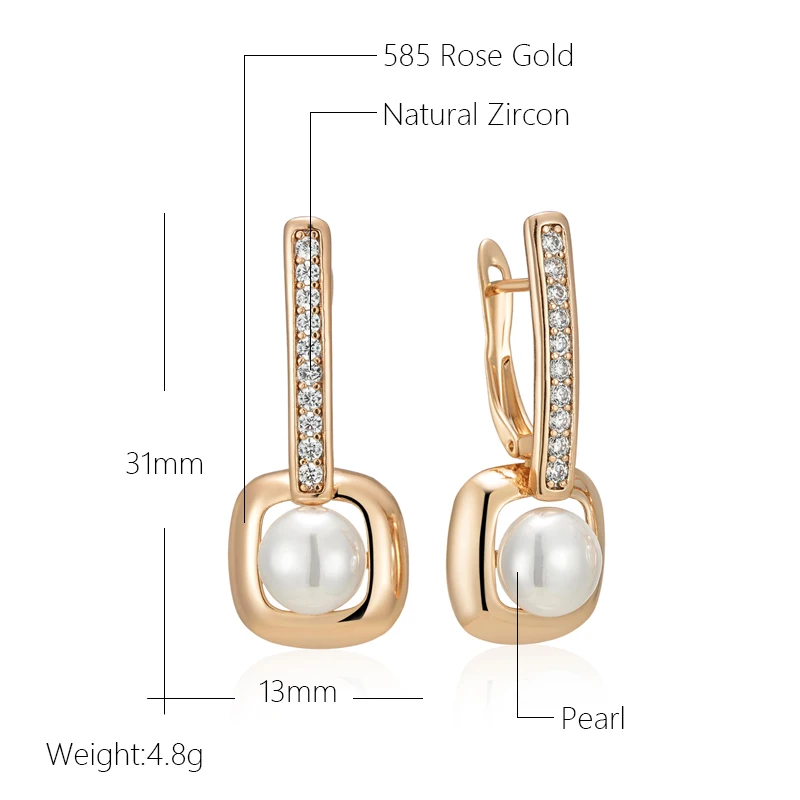 Wbmqda Fashion Elegant Pearl Long Drop Earrings For Women 585 Rose Gold Color With White Natural Zircon Daily Match Fine Jewelry