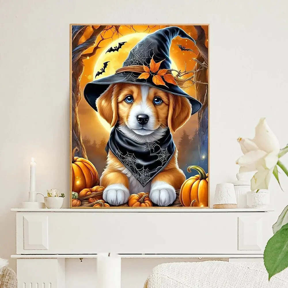 Happy Halloween 5d Diy Diamond Painting Cute Wearing Witch Hat Puppy Kitten Mosaic Embroidery Cross Stitch Kits Home Decorations