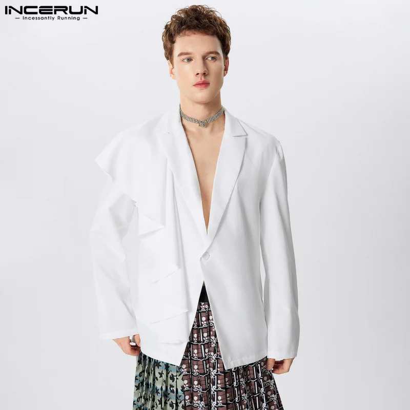 INCERUN Tops 2024 American Style Fashion New Mens Sloping Flounce Design Suit Coats Casual Simple Male Long Sleeved Blazer S-5XL