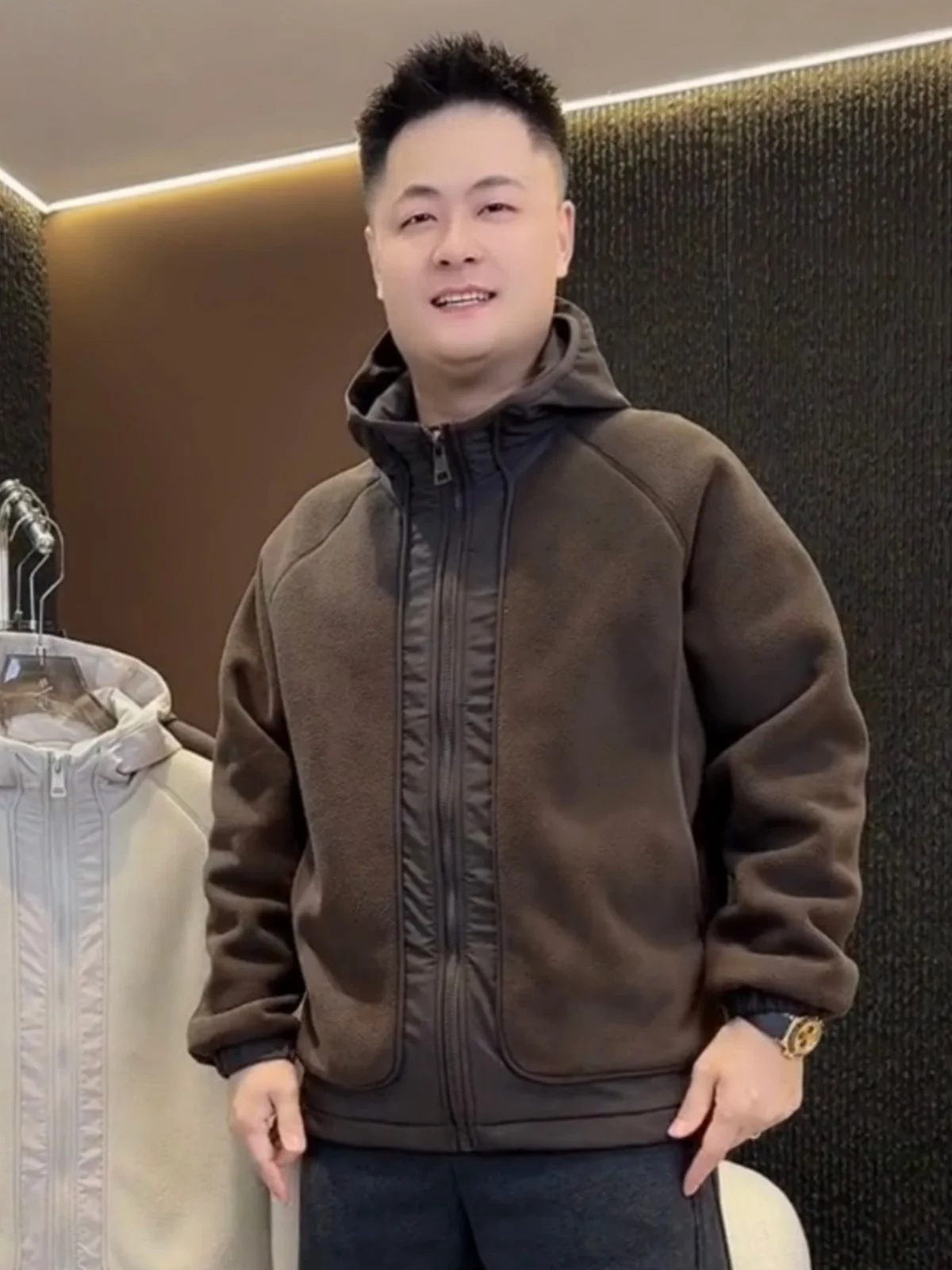 

Осенне-зимняя утепленная двусторонняя флисовая куртка с капюшоном для мужчин: универсальная теплая повседневная верхняя одежда с узором в стиле пэчворк, молодежный тренд