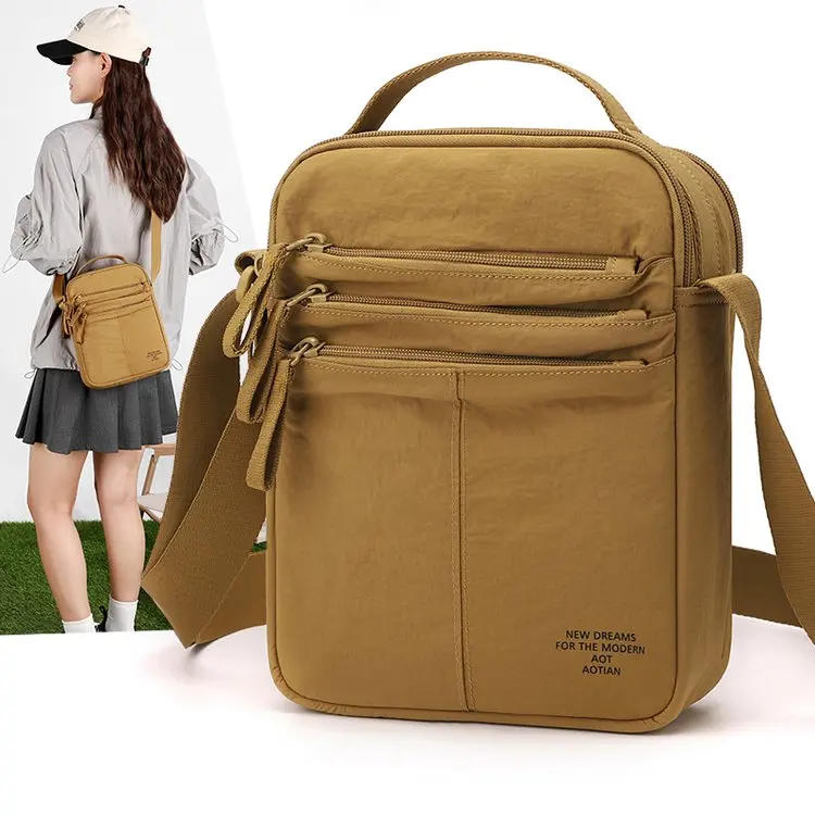 Casual Unisex Crossbody Bag Multi-Layer Waterproof Travel Shoulder Bag Lightweight Oxford Cloth Pure Color Leisure Handbag