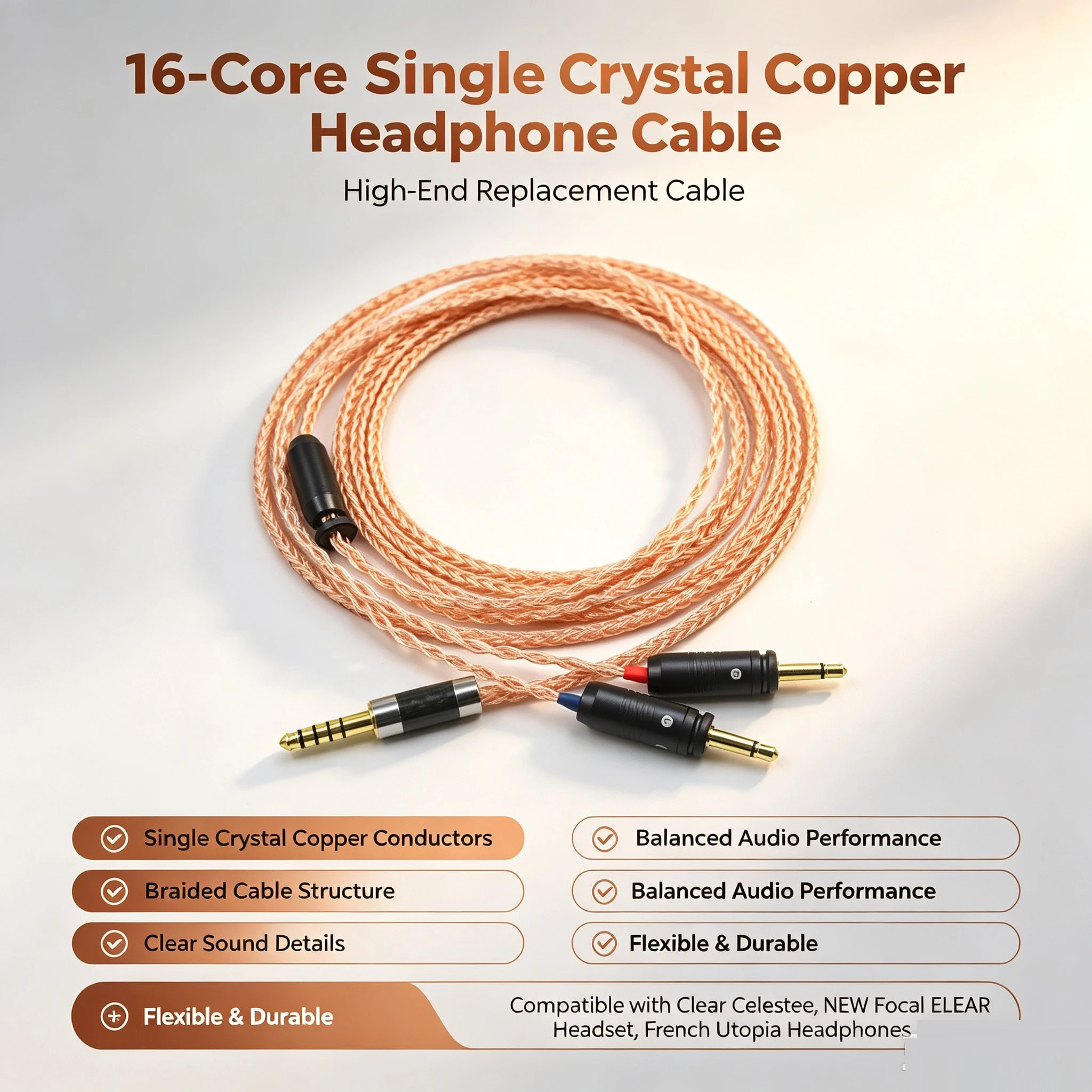 16 Cores Essence shrinks 2.5 4.4 6.5mm/4pin XLR Clear Celestee NEW Focal ELEAR Headset French Utopia Upgrade Cable