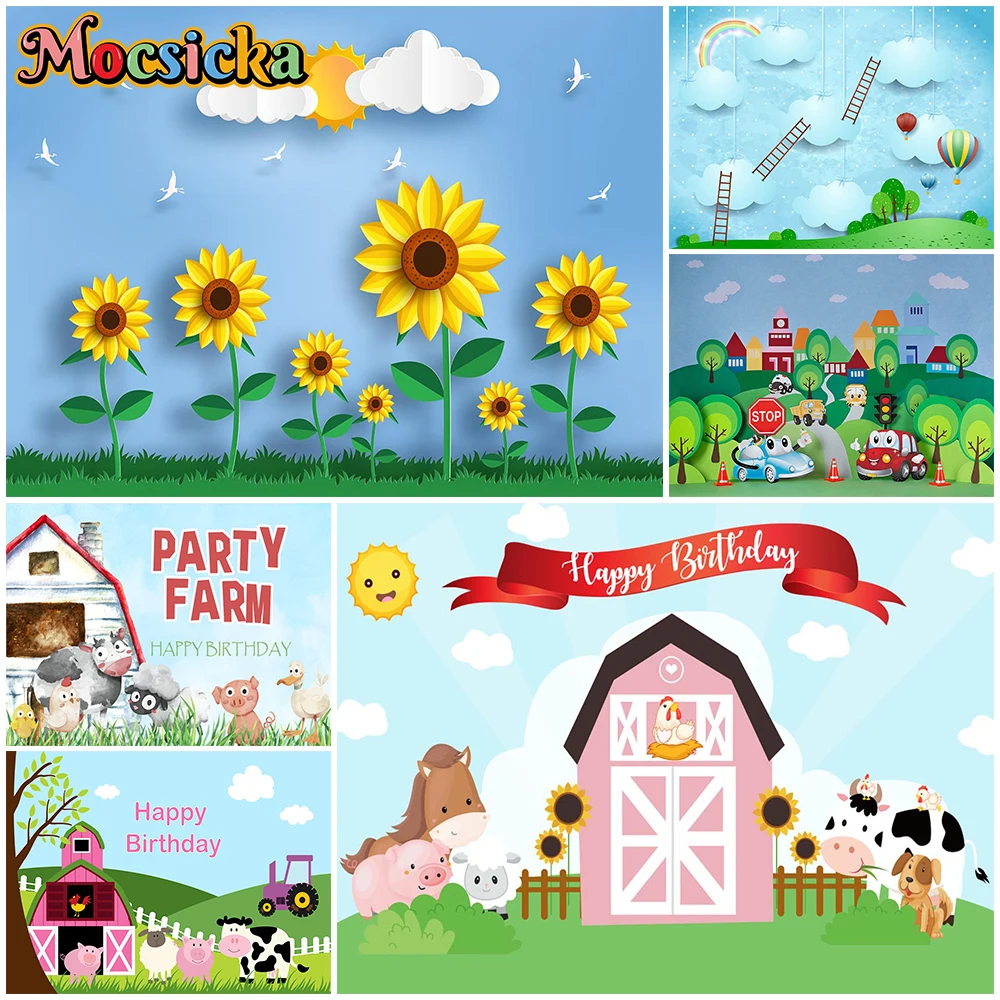 Mocsicka Farm Party Backdrop Photography Shooting Prop Soft Washable No Fading Sunflower Pink House Baby Photo Background Studio