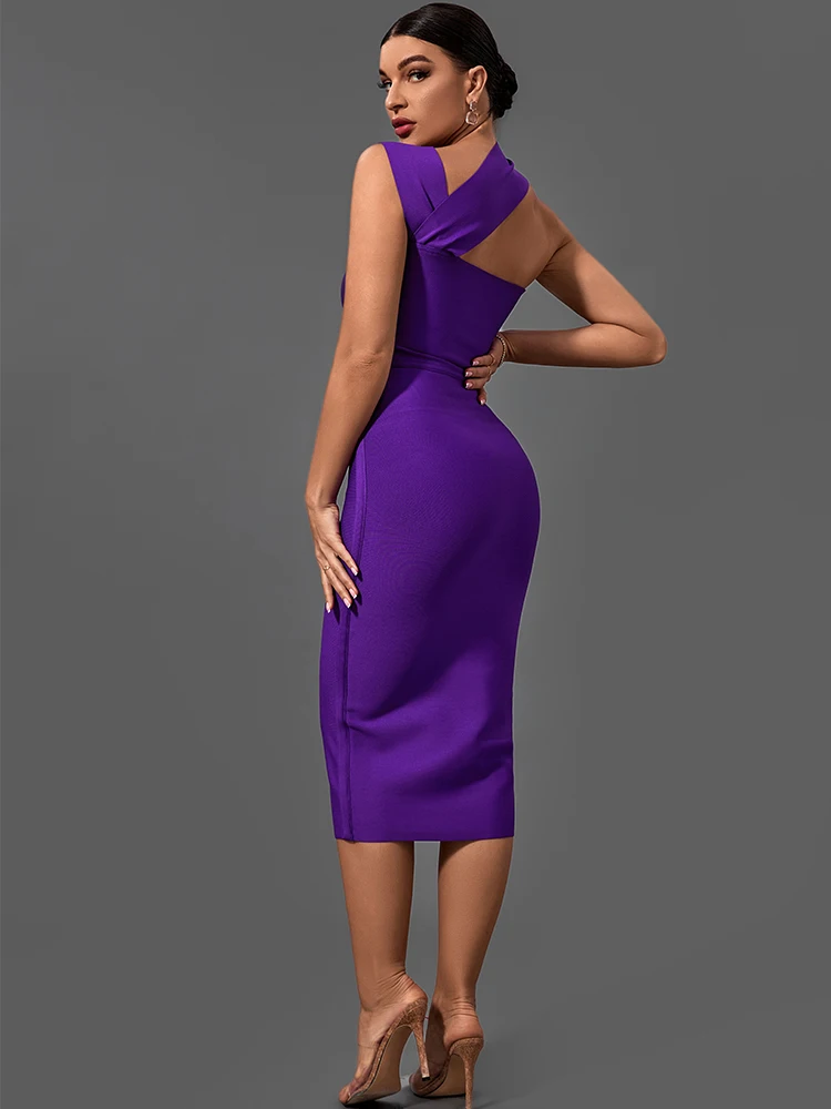 Bandage Dresses for Women 2022 Purple Bodycon Dress Evening Party Elegant Sexy Cut Out Midi Birthday Club Outfit Summer New