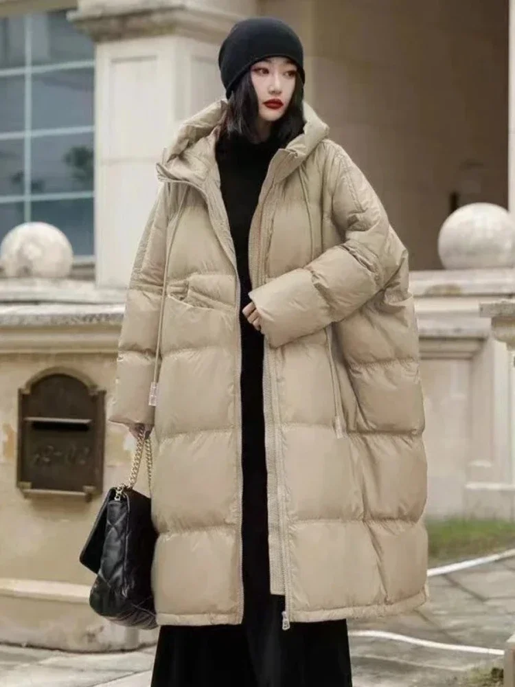 

Women Oversize Long Puffer Coat Female Thick Warm White Duck Down Jacket Hooded Loose Parkas Outwear Pockets 2025 New Winter
