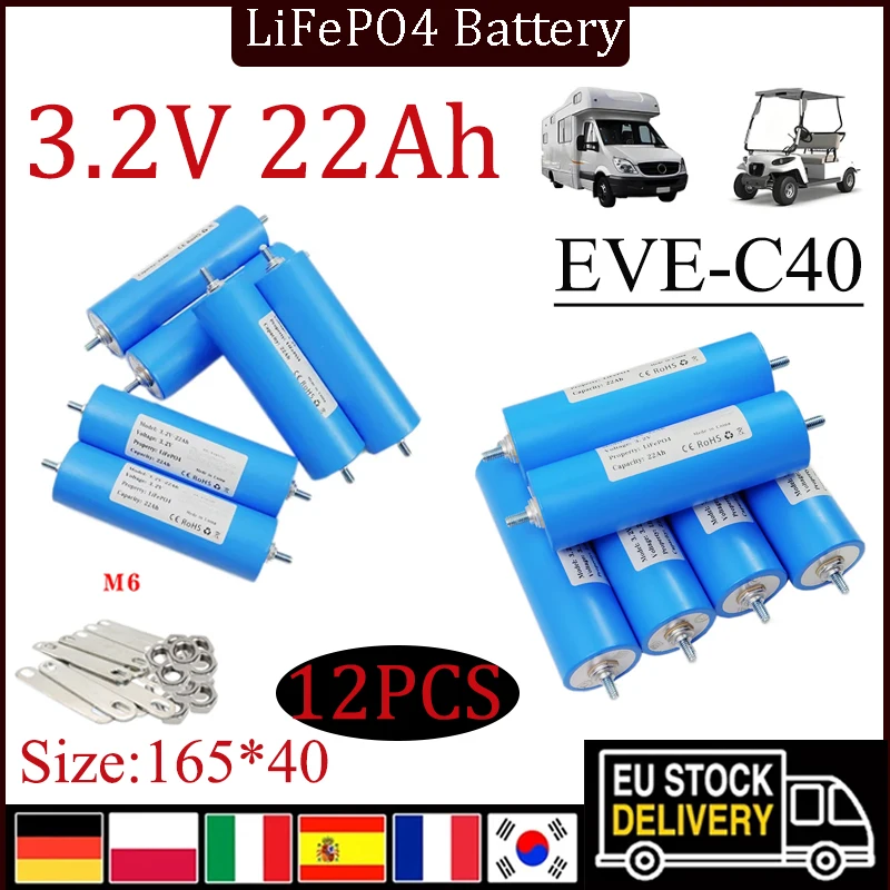 12PCS Grade A EVE Motorcycle Battery, LiFePO4 Phosphate Cell, 4S, 12V, 24V, Engine Batteries, Inverter Modification, 3.2V, 22Ah