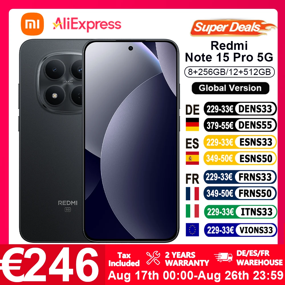 "Version Globale Xiaomi Redmi Note 15 Pro 5G Smartphone 5G 6.83"" 200MP Appareil Photo Principal 45W Charge Rapide IP69 IP69K IP66 IP68 NFC 6580mAh