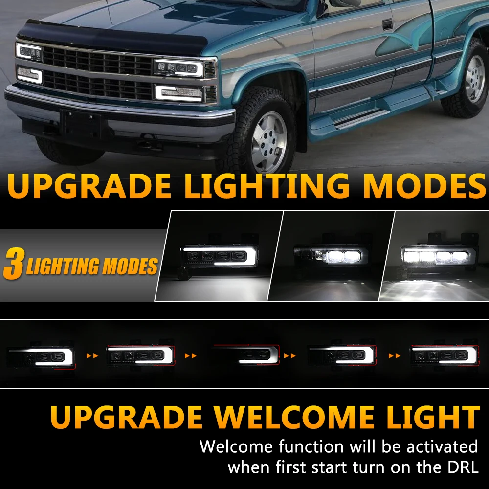 MOVOTOR LED Headlight with High Low Beam Start Animation DRL Welcome Light for 88-98 Chevrolet Silverado C/K 1500/2500/3500